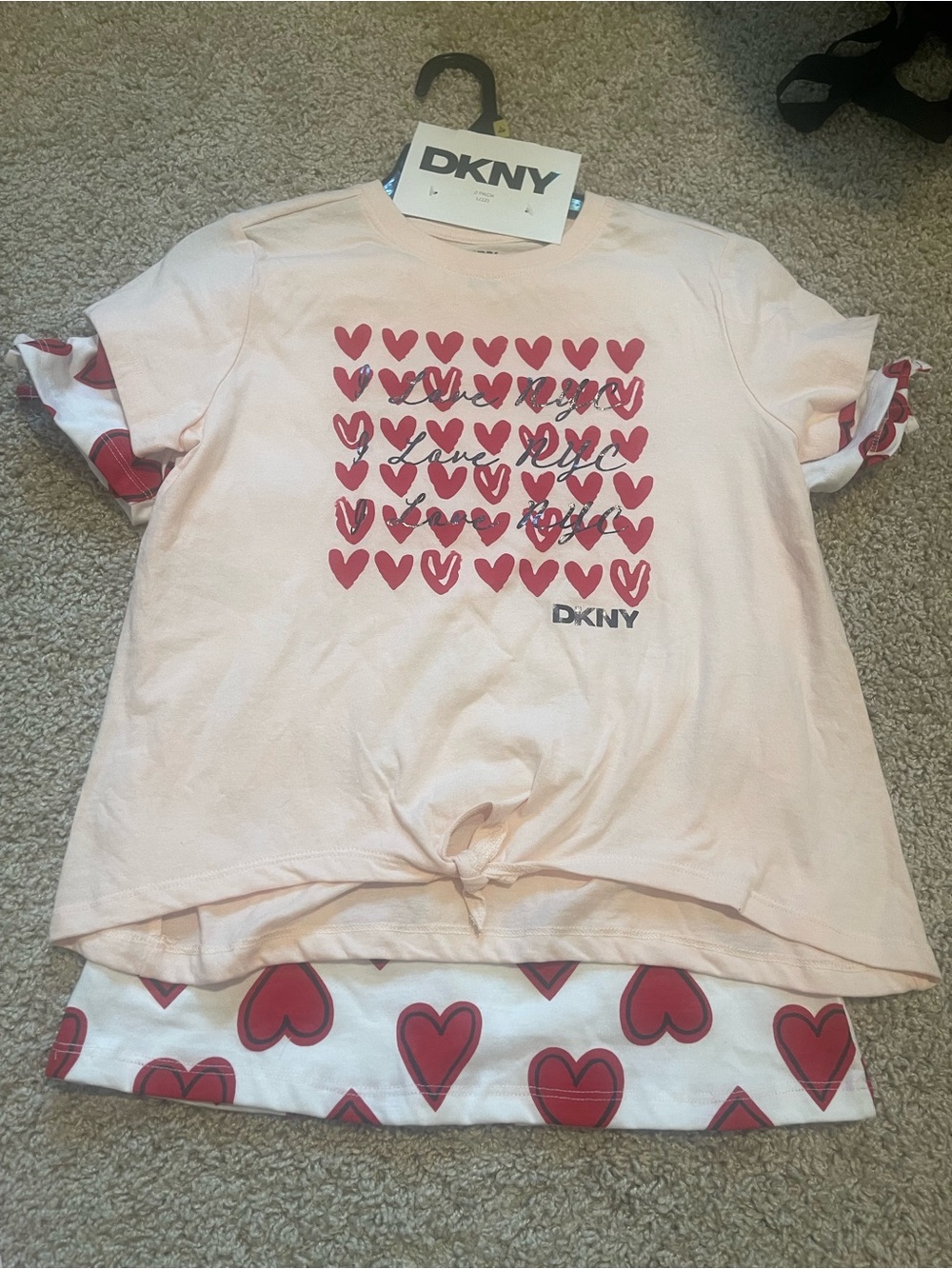 DKNY Light Pink Girls Short-Sleeve Tee with Red Heart Print